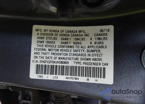 2018 Honda Civic Lx z USA, uszkodzony, nr VIN 2HGFC2F64JH586869